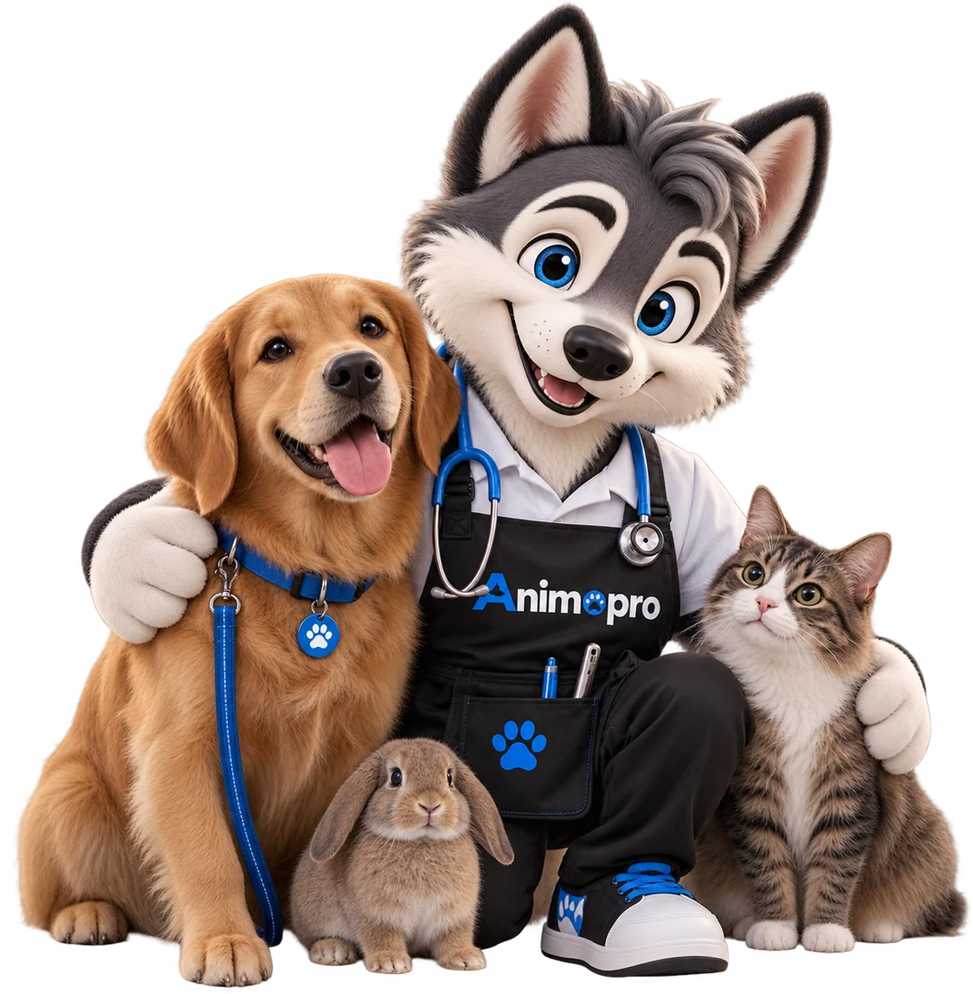 Nimo en tenue de pro avec un chien, un chat et un lapin